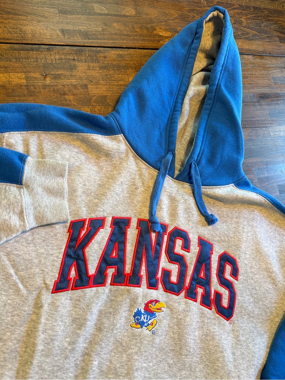 Kansas Jayhawks Hoodie Sweatshirt Mens Large Blue NCAA Embroidered Logos P2 Tag